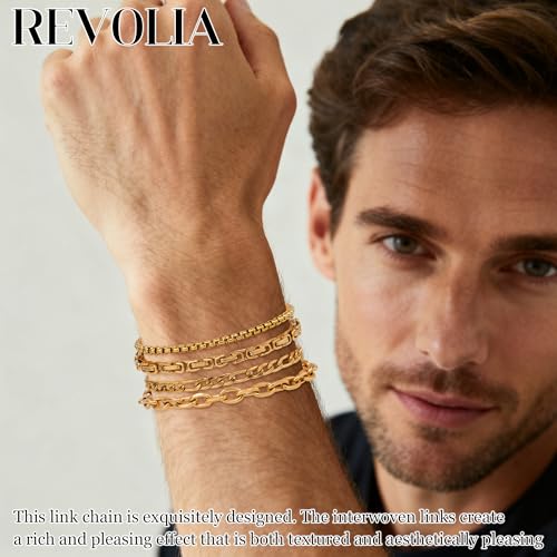 REVOLIA 8Pcs Stainless Steel Chain Bracelets for Men Women Cuban Link Bracelets Paperclip Figaro Rope Chain Bracelets Set 6.8-9 Inches - color: Gold