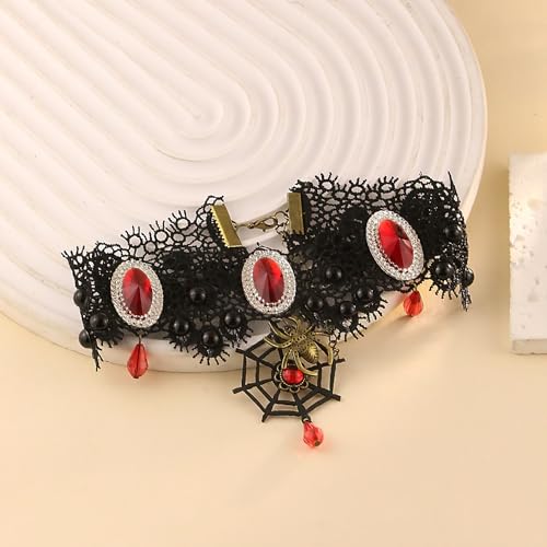 Gothic Victorian Style Vampire Choker Necklace for Women Black Crystal Tassel Lace Collar Necklace Halloween Punk Black Sexy Lace Necklace Halloween Cavewoman Costume - style: Spider