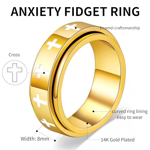 Fidget Anxiety Rings for Women 14K Gold Silver Plated Spinner Band Ring 8mm Thick Stainless Steel Statement Rings Jewelry Gifts Size 6-10 - color: Gold-Cross
