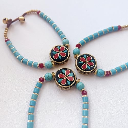 Petite Adjustable Boho Bracelet for Small Wrists 6-7.5 Inch - Handmade Nepalese Buddhist Prayer Bracelet with Elephant Charm, Brass Bell, Turquoise Stone & Tibetan Mantra Beads, Spiritual Lucky Gift - color: Blue-2Pcs