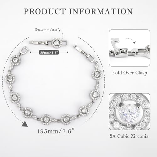 Tennis Bracelet for Women 14K Gold Plated Cubic Zirconia Bracelet,Classic Crystal Tennis Bracelet, Rhinestone Delicate Bracelet Gift for Her - style: Heart Cut-White