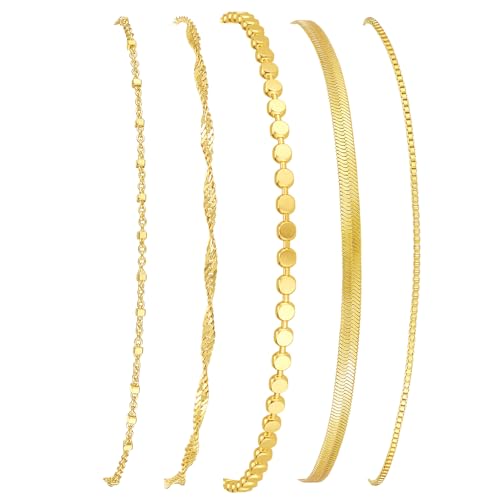 Gold Bracelets for Women, 14K Gold Plated Stackable Bracelet Stack Set Adjustable Charm Small Square Chain Snake Link Layered Waterproof Jewelry Sets Gifts - color: Bracelets-3 Gold