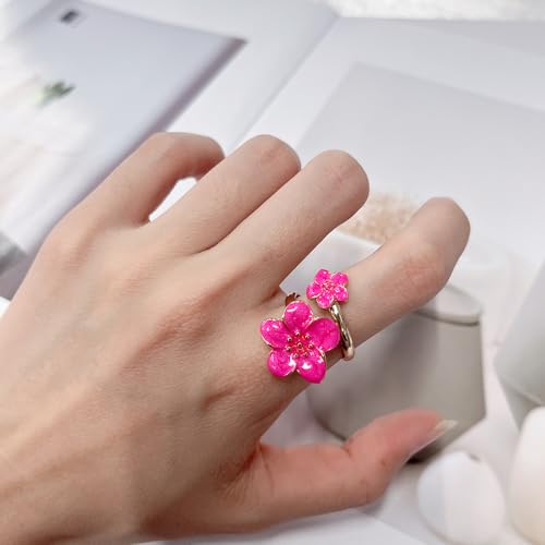 NewZenro Elegant Flower Enamel Adjustable Open Ring for Women Gold-Tone Plated Chic Cherry Blossoms Floral Statement Finger Wrap Band Rings Comfort Fit Wedding Party Prom Fashion Jewelry - color: Hot Pink