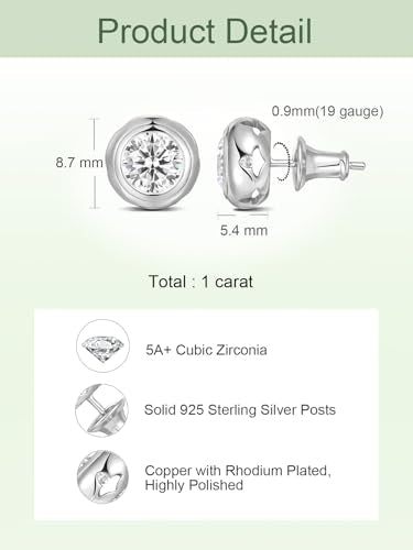 0.6-4 Carat 5A Cubic Zirconia/Simulated Emerald Sparkle Stud Earrings for Women, Hypoallergenic 925 Sterling Silver Posts, Anniversary Birthday Valentines Mothers Day Jewelry Gift - color: White Gold, size: 1.00 Carat (0.50ct * 2)