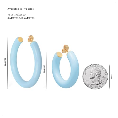 Gold Plated Multicolor Resin Chunky Thick Open Hoop Earrings in 57MM and 37.5MM Diameters - color: Blue - Baby Blue - Glossy Finish, size: 37.5MM (1.48") Diameter
