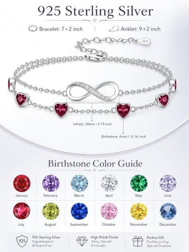 Prismata Infinity Birthstone Charm Link Bracelet/Anklet 925 Sterling Silver Adjustable 12 Months Birthstone Infinity Bracelet/Anklet Birthday Jewelry Gifts for Women Her - color: 01-January, size: 9‘+2’ Anklet