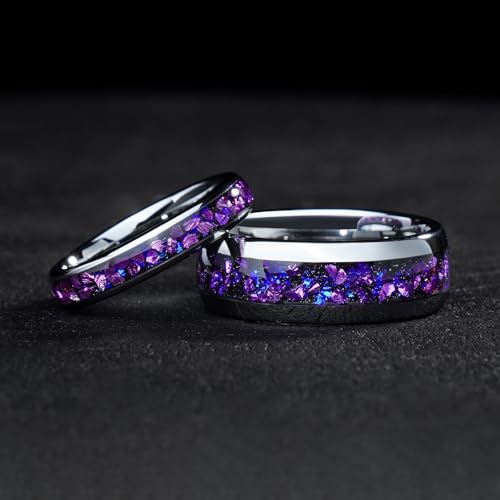 4mm 6mm 8mm Tungsten Rings With Various Inlay Materials Couples Matching Engagement Wedding Promise Matching Ring Set for Women Men - color: Silve Amethyst 4mm
