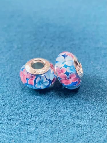 2pcs Authentic 925 Silver Murano Glass Flower Charms for Pandora Bracelets - color: 03-Pink & White flowers