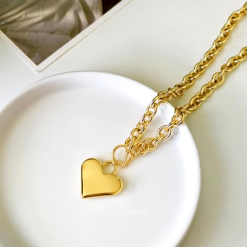 Zeffy 14K Gold/Silver Plated Chunky Thick Chain Toggle Clasp Necklace Dainty Baroque Pearl/Heart/Cross/Turquoise Pendant Necklace - color: Gold Big Heart Necklace