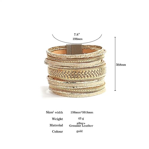 NOVSKI New Genuine Real Leather Wrap Bracelets Multi Strand Cord Metallic Chain Layered Wide Cuff Bracelet Gift Jewelry (Color : Dark Grey)