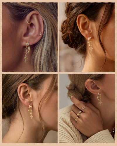 Dangle Gold Earrings for Women Trendy Triple Huggie Chain Earrings 14K Gold Plated Statement Cute Drop Dangle Earrings Dainty Hypoallergenic Chunky Hoop Earrings Fun Earring Stacks Jewelry - color: C-Cross Earrings
