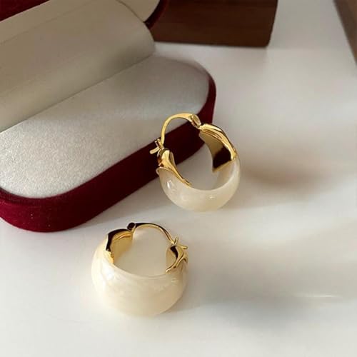 Retro Chunky Gold Brown Amber Hoop Earring, Trendy Boho White Resin Dangling Earrings for Women Dainty Minimalism Daily Party Jewelry Gifts Accessories - color: White