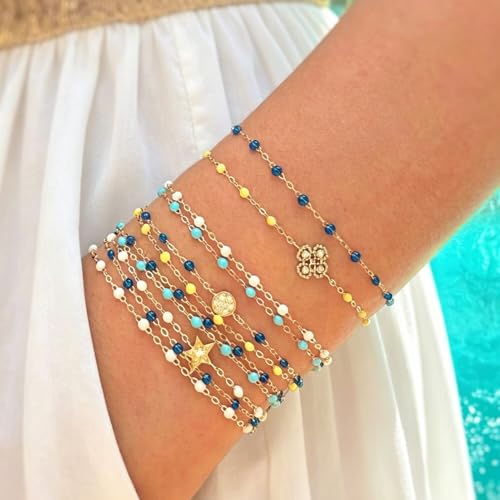 6 PCS Enamel Beaded Chains Bracelet Stainless Steel Link Bracelets | 6.7"+1.18", With Extender Chain, Fashion Jewelry Set, Gift For Women, Colorful, No Fade - color: Light Blue Silver