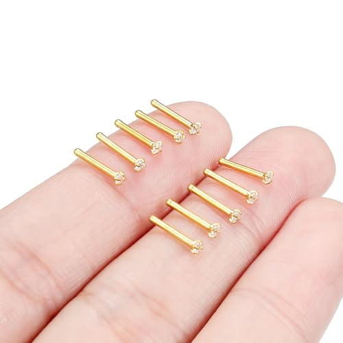 Hoeudjo Nose Studs Surgical Steel Cubic Zirconia Nose Rings Kit for Women Men Tiny Nose Stud Bone & Screw & L Shaped Nostril Piercing Jewelry 24/22/20/18 Gauge 10 Pieces - color: gold-tone,nose bone studs, size: 18g/1.5mm clear CZ