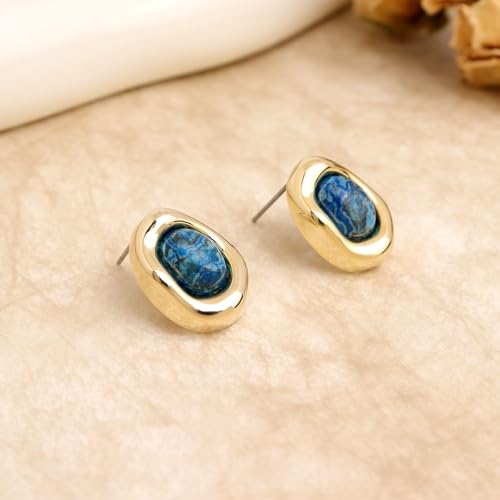 Jean Beau Chunky Gold Stone Stud Earrings for Women, Trendy Natural Gemstone Hypoallergenic Earing Valentine Jewelry Gift - color: Lapis Lazuli