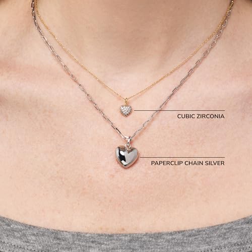 Ana Luisa Lev Puffy Heart Necklace for Women - Paperclip Chain w/ 14K Gold Plated & Silver Rhodium Plated Small Puffed Heart Pendant - Hypoallergenic, Water-Resistant, Tarnish-Free Jewelry - style: Cubic Zirconia