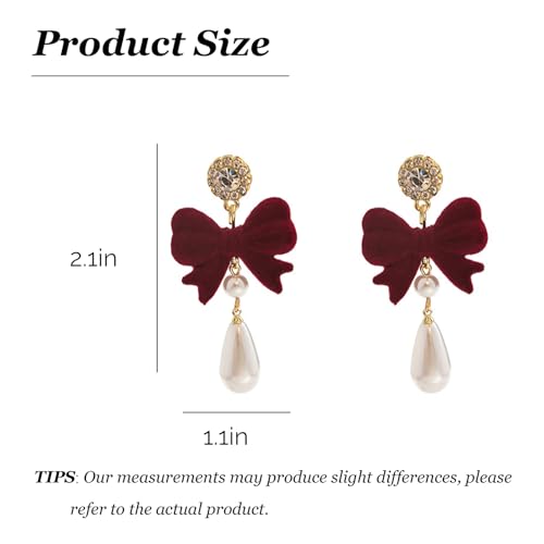 Pearl Bow Earrings for Women Coquette Aesthetic Jewelry Rhinestone Bow Earrings for Bridesmaids Wedding Party Accessories Bridal Costume Accents Bowknot Themed Gifts - color: H1: Red Bow Pearl Earrings