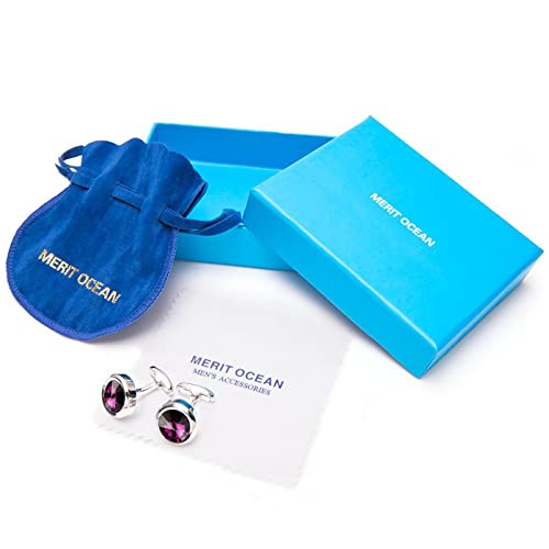 Mens Cufflinks Elegant Style Cuff Link Super Shiny Navy Blue Crystal Circular Cufflinks with Gift Box - color: Purple