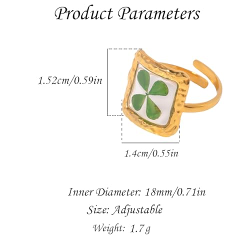 Hebelee Handmade Dried Flower Statement Ring for Women | Gold-Toned Stainless Steel,Adjustable,Pressed Blossom Forget-Me-Not Flowers Open Band Rings,Wedding Holiday Jewelry - color: Square Green Leaf
