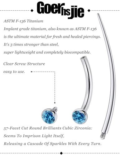 F136 Titanium 16g 6/8/10mm Eyebrow/Rook/Snug/Vertical-Labret/VCH/Snake-Eyes/Anti-Tragus/Christina/Daith/Belly-Button/Bridge/Hood/Surface Curved Barbell Piercing Jewelry for Women Men - color: Ocean Blue, size: 10 mm (3/8 in)