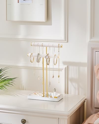 Lolalet 2-Tier Necklace Holder Display, Jewelry Stand with Ring Tray -White | Velvet Wrapped Jewelry Organizer, Tall Bracelet Stand for Bangles Watches Earrings, Gifts for Mom Girls Women Mother's Day - color: White