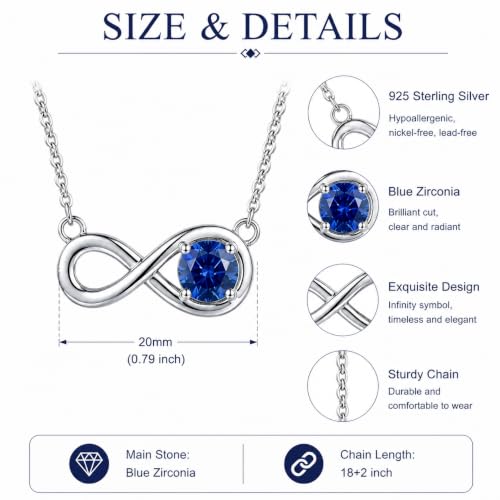 925 Sterling Silver Infinity Necklace for Women, Round Blue Cubic Zirconia Infinity Pendant Necklace, September Birthstone Jewelry