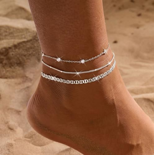 MFRYK Gold Ankle Bracelets for women,14k Gold/Silver Plated Waterproof Layered lightweight Cuban Link Figaro Chain Heart anklet butterfly anklet Pearl Ankle Bracelets Set Gold Anklets for women Trendy Jewelry Gift for Women - style: 3 anklets CZ satellite