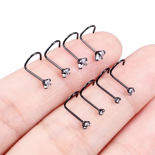 Hoeudjo Hypoallergenic Nose Rings Studs 24G Surgical Stainless Steel Cubic Zirconia Nose Studs for Women Men Screw & Bone & L Shaped Nostril Piercing Jewelry with 1.5mm 2mm 2.5mm 3mm CZ - color: black,screw nose studs