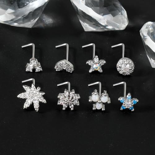 35-70 PCS 18G 20G Nose Rings for Women & Men - Gold Hoops, L Shape, Studs & Screw - 316L Surgical Stainless Steel - color: Silver-Clear CZ-20G-12pcs