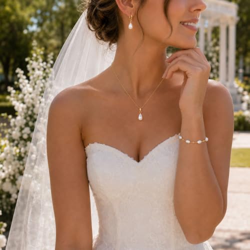 3Pcs Women's Gold Pearl Jewelry Set – 14K Gold-Plated Necklace Earrings And Bracelet Combo Includes An Exquisite Pearl Pendant Necklace Pearl Drop Earrings And An Adjustable Bracelet Perfect For Weddings Or As A Jewelry Gift For Her