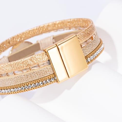 Boho Leather Wrap Bracelets Beaded Stackable Cuff Bracelet Country Concert Outfits Cowboy Cowgirl Western Jewelry Gifts for Women - color: Stone-Gold