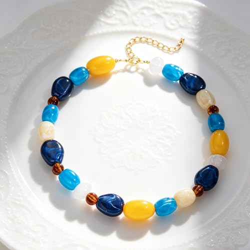 YUJIE Chunky Heart Pendant Necklace for Women- Exaggerated Statement Puff Heart Necklace with Acrylic Beaded Chain - color: A-Multicolour Blue