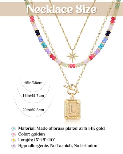 MJartoria Layered Initial Necklaces for Women | 14K Gold Plated Brass, Star Choker, Colorful Beaded, Square Letter Pendant, - color: Gold Plated, style: L