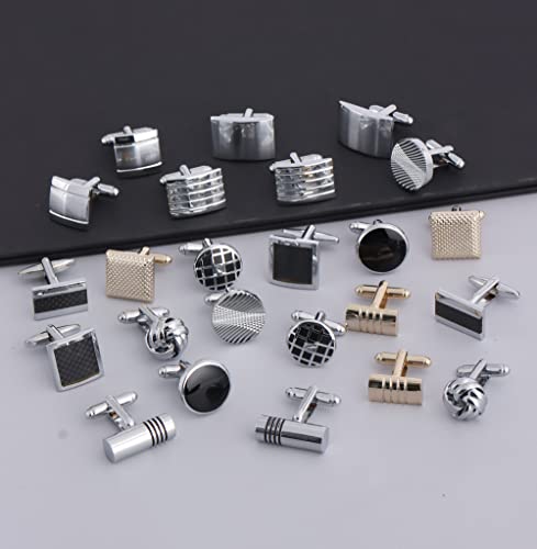 FIRAZIO 12 Pairs Cufflinks for Men Classic Tone Cuff Links Silver Black | Striped Disc Square Rectangle Cuff Links Shirt Suit Men’s Cufflinks For Wedding Groom Business Elegant Gift