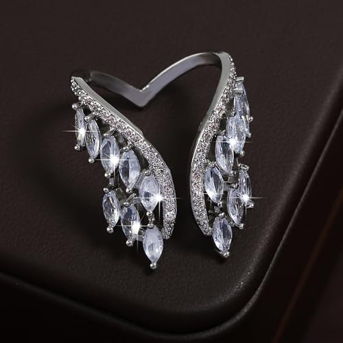 18K Gold Plated Rings for Women and Teen Girls Non Tarnish Cubic Zirconia Fidget Ring Butterfly/Snake/Mesh/Cross/Crown Knuckle Ring Open Adjustable Statement Stacking Chunky Rings - color: White Gold Wing