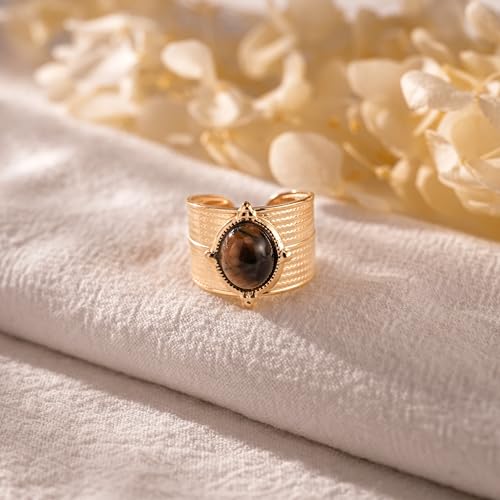 Western Captivating Tiger's Eye Stone Ring,Solitaire 8 * 10mm Oval Cut Gemstone 18K Gold Plated Stack 13mm Wide Ribbed Texture Band Statement Ring for Women - style: Tiger's Eye A
