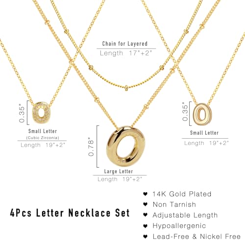 stino 4PCs Bubble Initial Letter Necklace Set, No Tarnish 14K Gold Plated Alphabet Pendant, Jewelry for Women - style: O