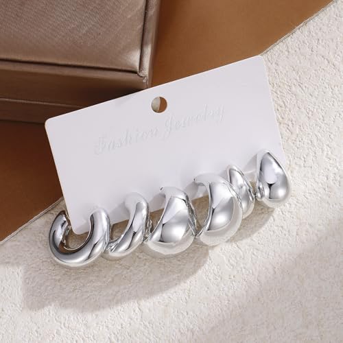 IFKM 24 Pairs Gold Hoop Earrings Set for Women Hypoallergenic Chunky Chain Twisted Open Hoops Dangle Earring Packs for Birthday Party Christmas Fashion Jewelry Gift - color: 9 Pairs Silver