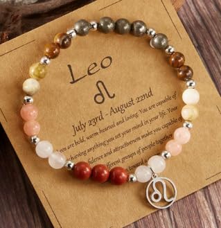 XAM 12 Zodiac Stone Beaded Bracelet - Natural Gemstone & Stainless Steel Charm Constellation Jewelry - color: H