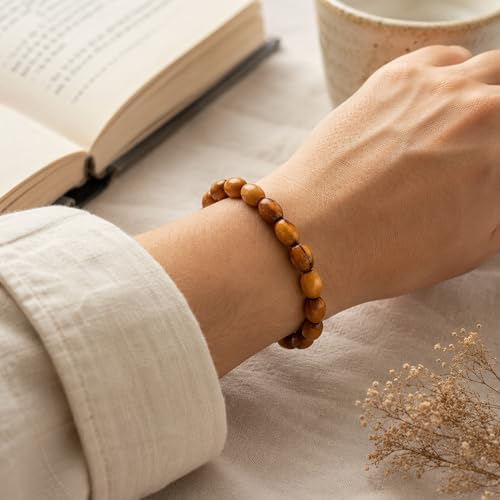 Olive Wood Spiritual Bracelet from Bethlehem - Handmade 9mm Oval Wood Bead Stretch Mala for Yoga Meditation Mindfulness, Boho Wooden Jewelry, Single Oval Wood Bead Bracelet