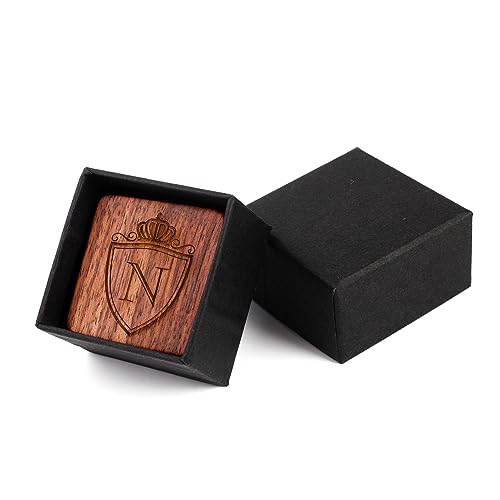 Mens Initial Silver Cufflinks A-Z Alphabet Letter Steel Cuff Links with Engraved Walnut Wood Box Groom Groomsman Wedding Set… - style: N