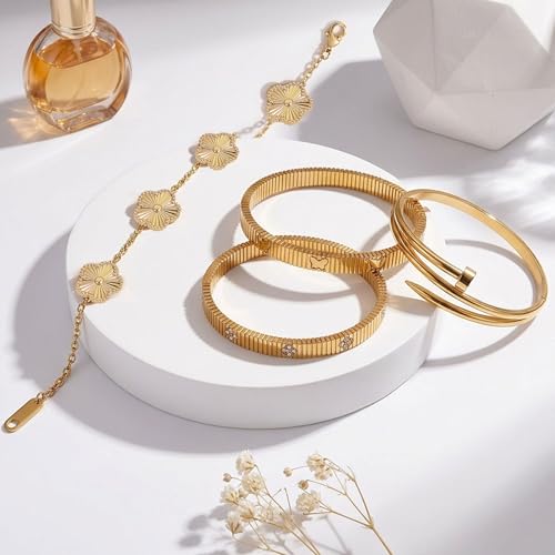 Stackable Gold Bracelets for Women - 4 Sets, 18K Gold Plated Bracelets, Stainless Steel Bangle Bracelets Non-Tarnish, Stylish Gold Jewelry Ensemble, Valentine's Day, Birthday and Christmas Jewelry Gifts - color: A1-(Gold 4Sets)