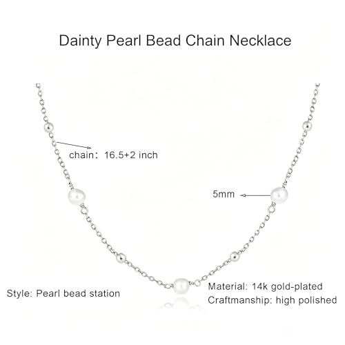 Pearl Necklace for Women, Dainty Pearls Choker Necklace for Women 14K Gold Plated Layered Pendant Necklace Handmade Gold Chain Necklace Everyday Jewelry Gift - color: Bead Pearl-Silver