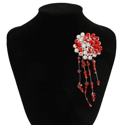 Blood Red Pearls Brooches Pins for Women, Dainty White Freshwater Faux Cluster Pearls Pins Gothic Personalized Pearl Beaded Tassel Halloween Brooch