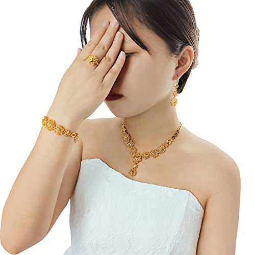 indian Women Jewelry Necklace Set african Dubai Bride Wedding Prom Fashion Jewelry 24K Gold Plated Necklace Bangles Rings Earrings - color: S-04