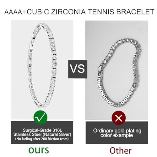 Stainless Steel Adjustable CZ Tennis Bracelet for Women Men | 14K Gold Plated, Round 3mm/4mm/5mm AAAA+ Cubic Zirconia, Dainty Classic, Festival Wedding Jewelry Gift - color: Steel, size: CZ 3mm