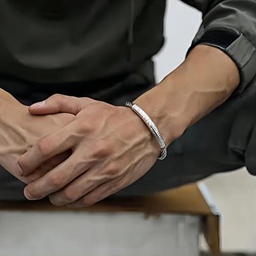 Innocence S925 Silver-Plated Antique Wide Feather Cuff Bracelet For Men Women Adjustable Retro Twisted Feathers Bracelets Gift Jewelry - color: Six True Words