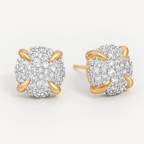 MEVECCO Pave Cubic Zirconia Stud Earrings for Women, 18K Gold Plated Brass | Pave CZ Fronts, Curved Gold Plated Edge Accents, Soft Motifs and Clean Geometric Styles - style: round