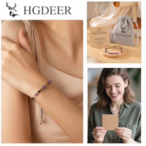 HGDEER Calm in Every Bead, Amethyst Crystal Bracelet Stress Relief Gift | Black Tourmaline Amethyst Tiger Eye & Clear Quartz on Sturdy Cord, Slider Adjusts 5-10 in, Crystal Blessing Card & Pouch