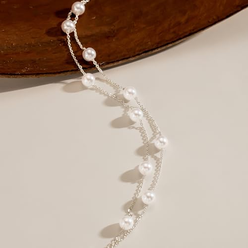 NECOCY 14K Gold Plated Pearl Bracelets for Women, Dainty Bracelets Stack Trendy Pearls Beaded Link Chain Charm Bracelets Set Layered Tiny Wedding Prom Jewelry Gift for Women Mother's Day Graduation - style: Style-2-Silver